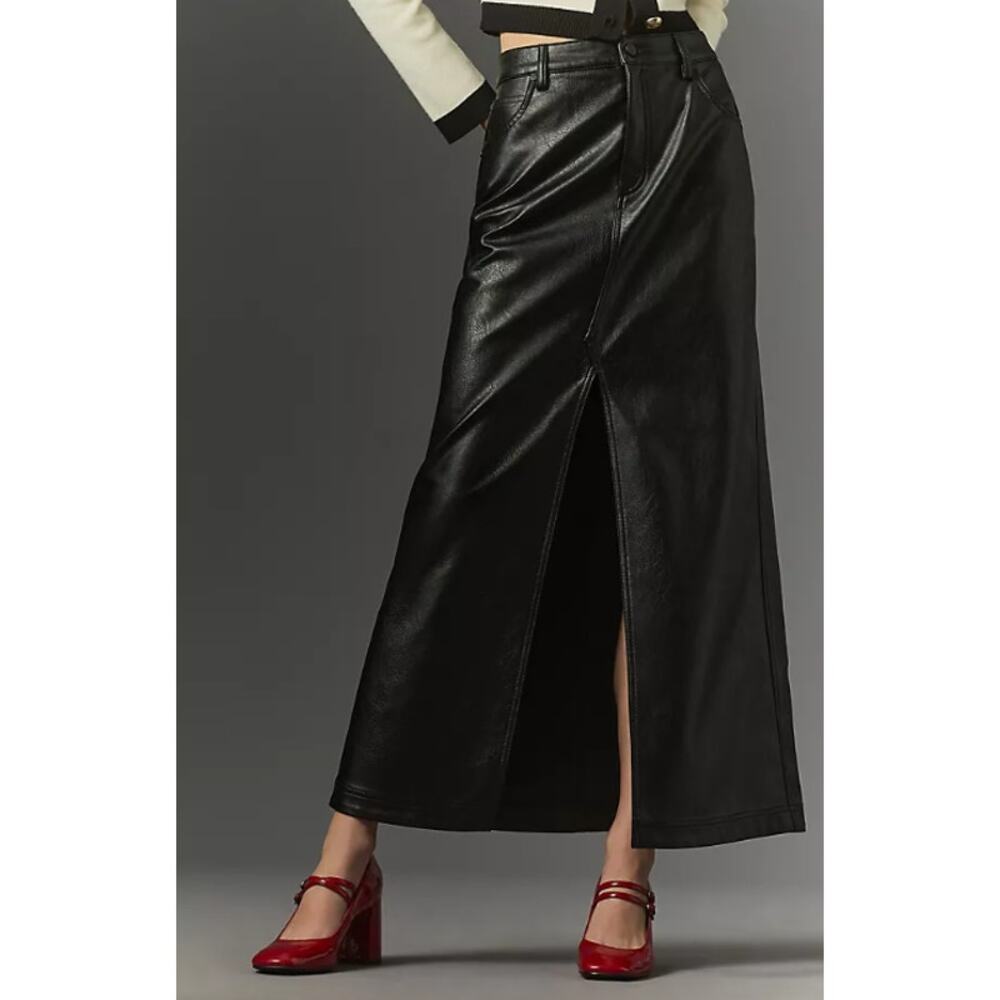 Anthropologie Pilcro The Madi Faux Leather Front Slit Maxi Skirt High Rise Black